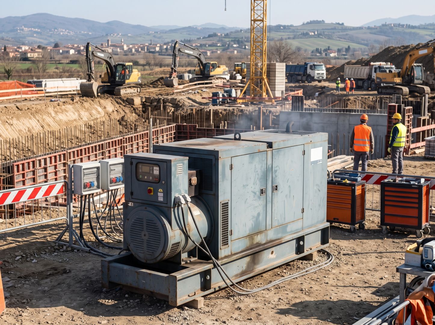 cantiere edile con gruppo elettrogeno attivo